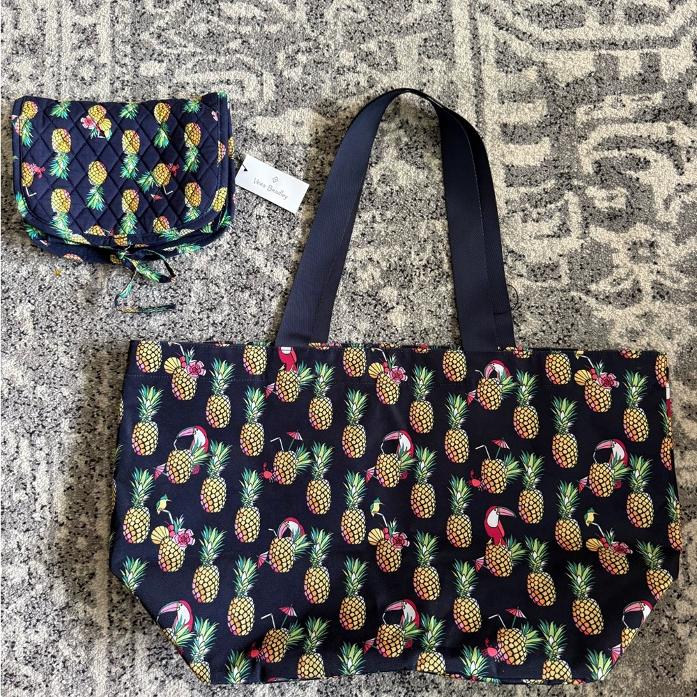 NWT Vera Bradley Pineapple Pattern Tote Bag & Hanging Cosmetic Bag